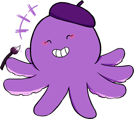 Image of Cartoon Allies' mascot Mingus, a purple octopus who holds a paintbrush and wears a beret.